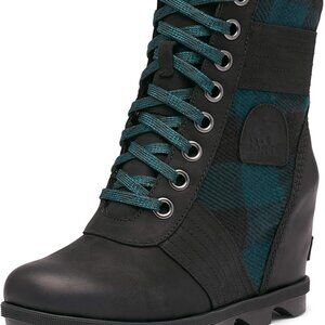 SOREL Lexie Wedge Boots – Women’s Size 9 – Black/Blue Buffalo Check – Excellent